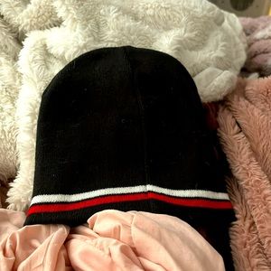 black with red and white stripes beanie
